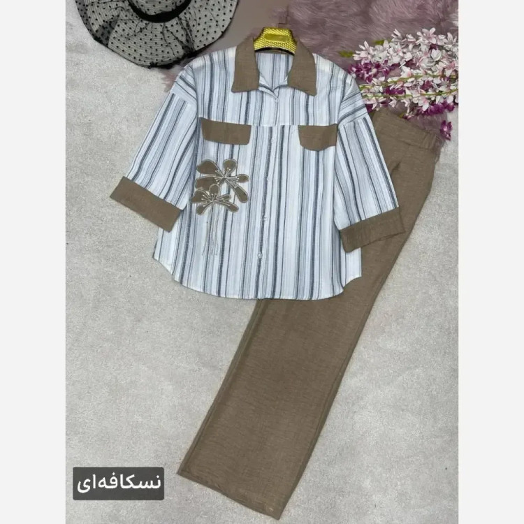 ست شومیز و شلوار زنانه مدل نوگل جنس لنین بیسکویتی و شانتون سایز فری 38 تا 46