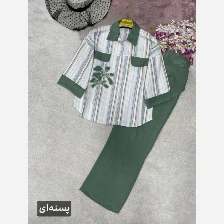 ست شومیز و شلوار زنانه مدل نوگل جنس لنین بیسکویتی و شانتون سایز فری 38 تا 46