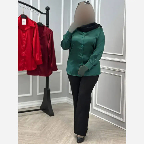 شومیز زنانه ساتن مات رنگ سبز تیره فری سایز 36 تا 46