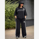 ست تیشرت و شلوار زنانه دنیز جنس پنبه گلکسی رنگ مشکی فری سایز 38 تا 46