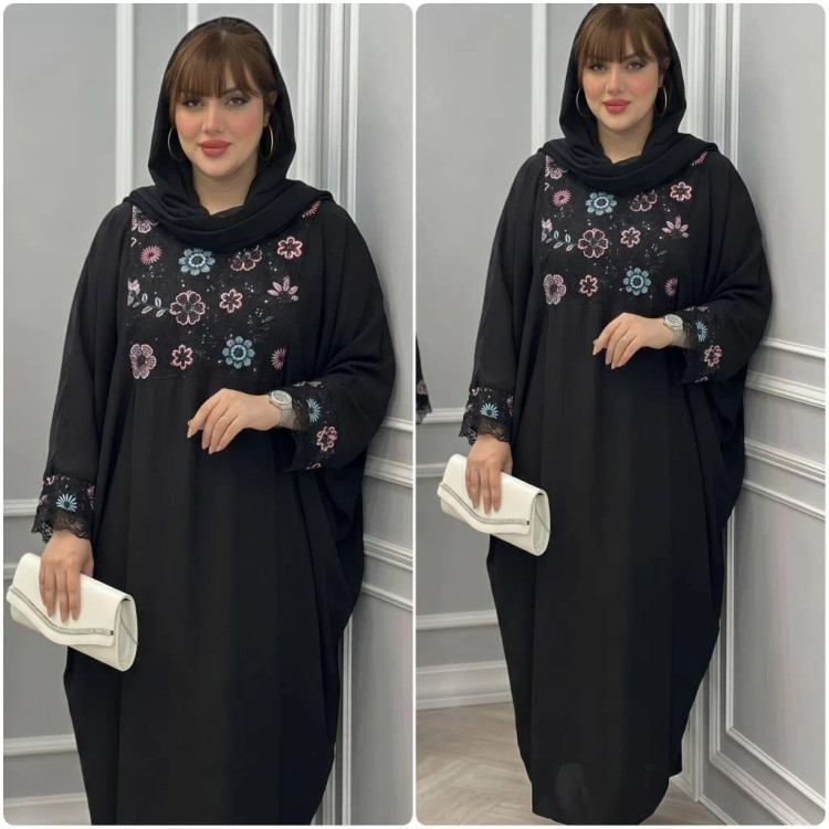 عبا مجلسی زنانه مدل شکوفه جنس الیزه با خرجکار سوزن دوزی رنگ مشکی سایز فری 38 تا 52