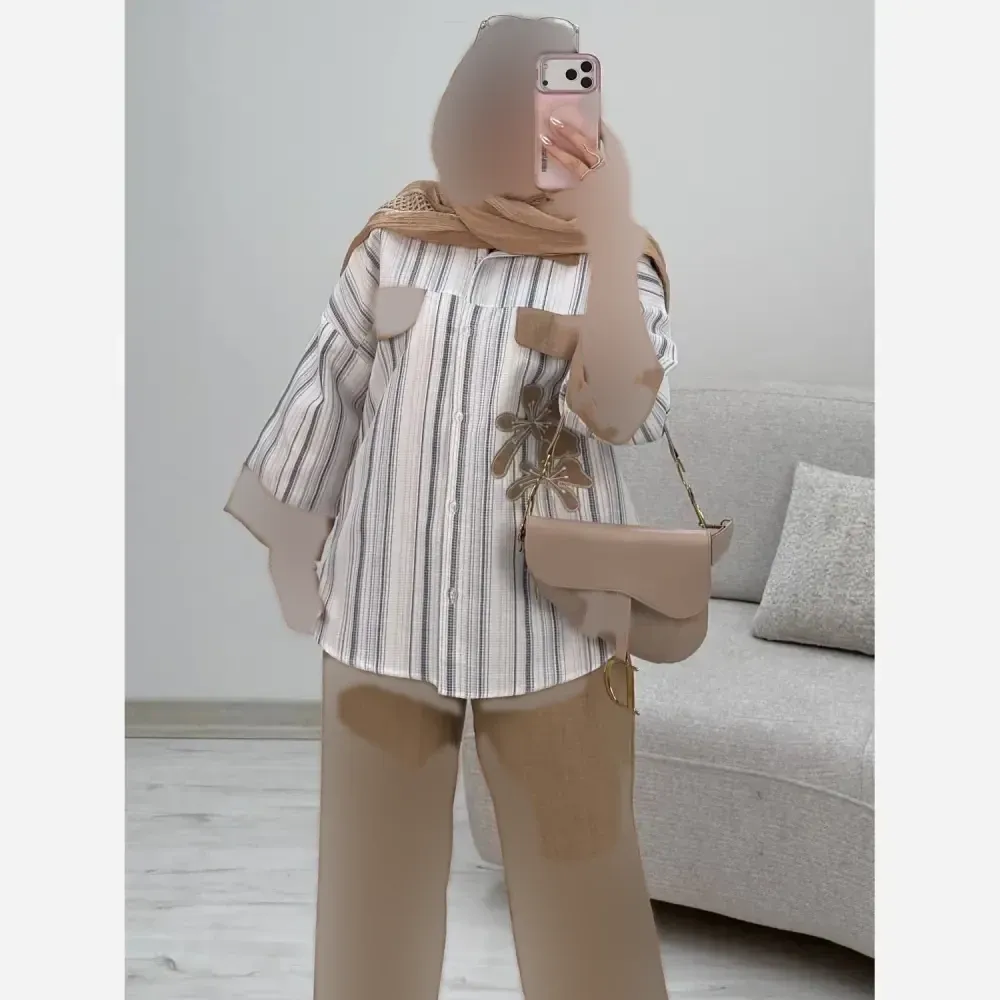 ست شومیز شلوار لنین بیسکویتی و شانتون مدل نوگل سایز 38 تا 46