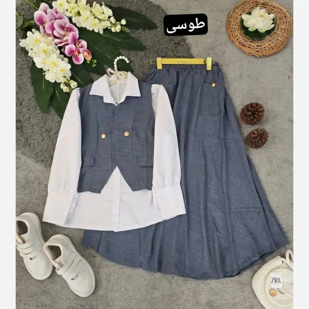 ست سه تیکه شومیز جلیقه و دامن مدل ژینا جنس شانتون فری سایز