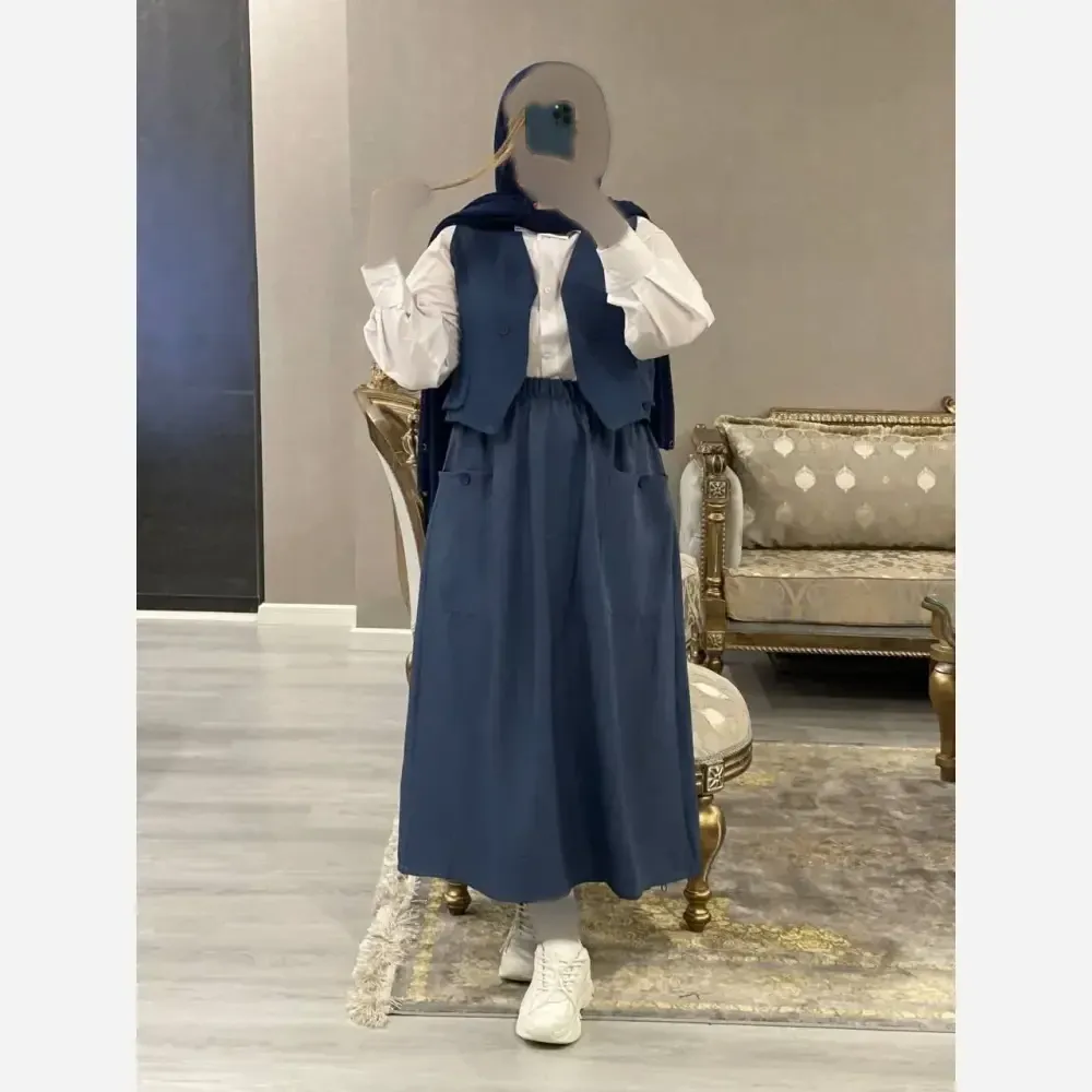 ست سه تیکه شومیز جلیقه و دامن مدل ژینا جنس شانتون فری سایز