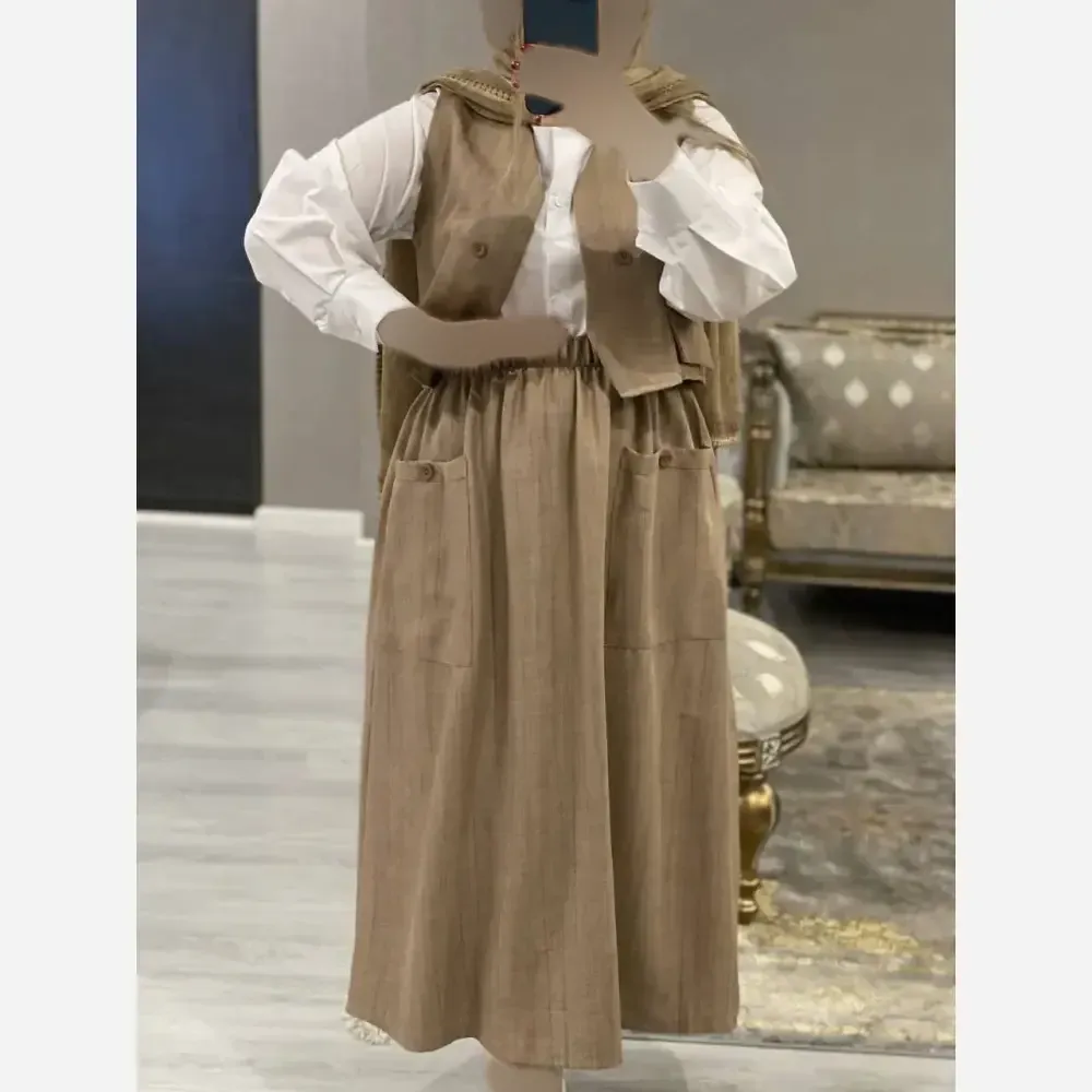 ست سه تیکه شومیز جلیقه و دامن مدل ژینا جنس شانتون فری سایز
