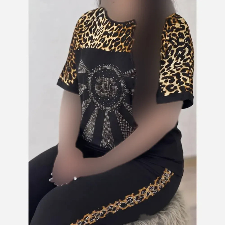 ست تیشرت و شلوار ویسکوز الیزه فول کش طرح نگین D&G فری سایز