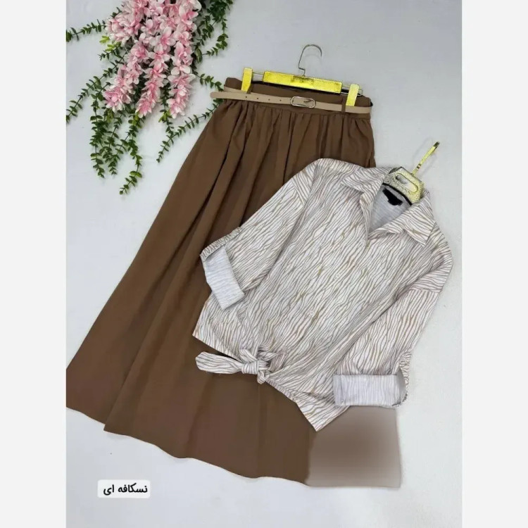ست شومیز اسلپ و دامن لینن همتا رنگ مشکی و نسکافه ای سایز 1 و 2