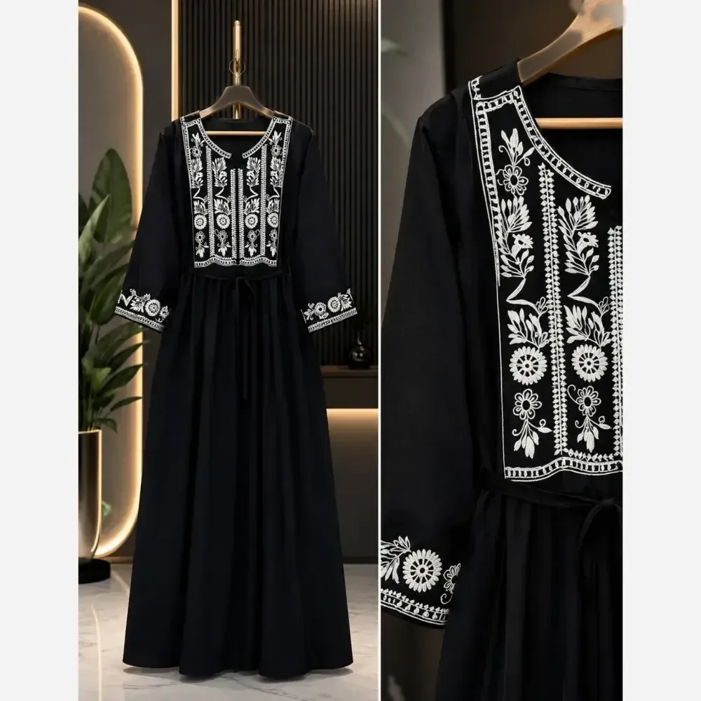 پیراهن ساحلی نخی گندم مشکی فری سایز وارداتی