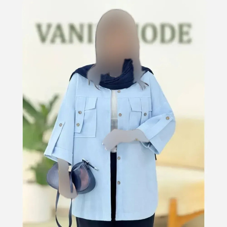 شومیز لنین کتان نیلی جیب طرح صلیبی سایز بزرگ فری سایز