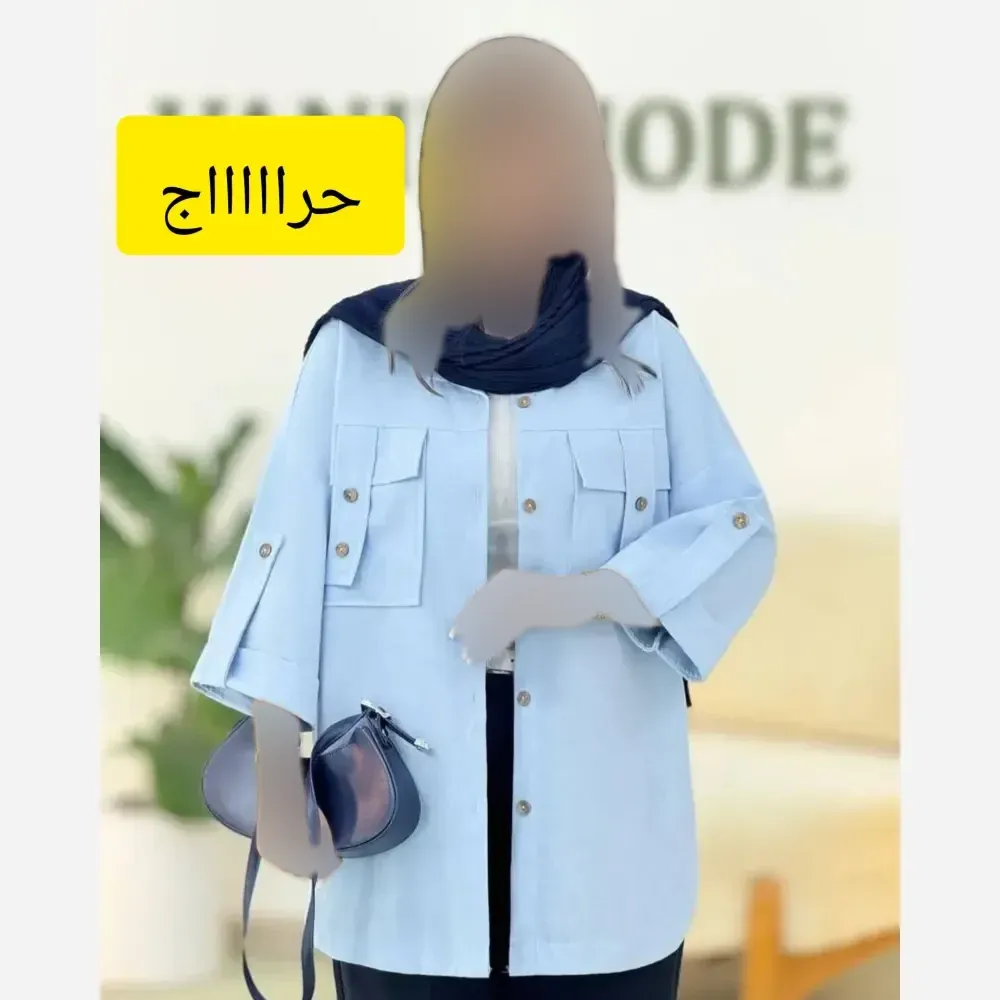 شومیز لنین کتان نیلی جیب طرح صلیبی سایز بزرگ فری سایز