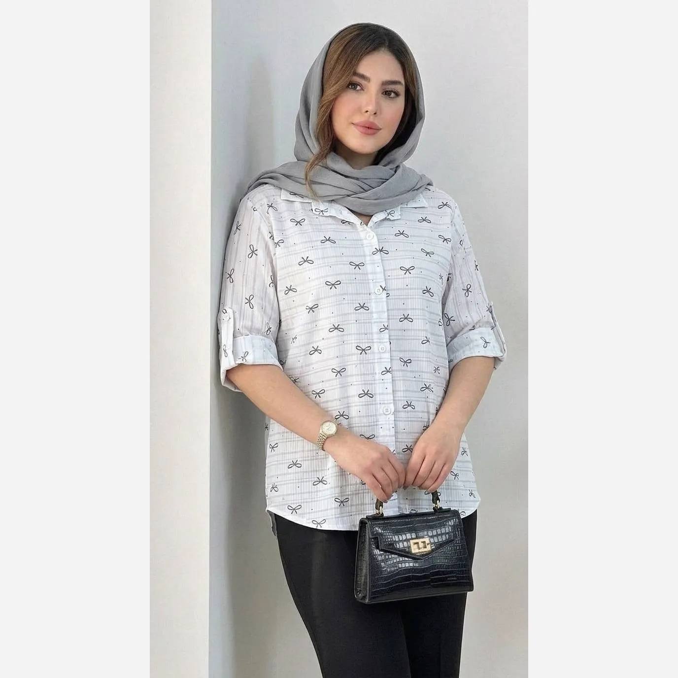 شومیز مجلسی طرح پاپیون ویسکوزینزه درجه یک فری سایز