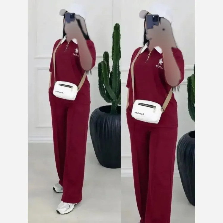 ست پولوشرت نیم زیپ و شلوار زنانه polo جنس گلکسی نخ پنبه در رنگبندی متنوع و سایز فری