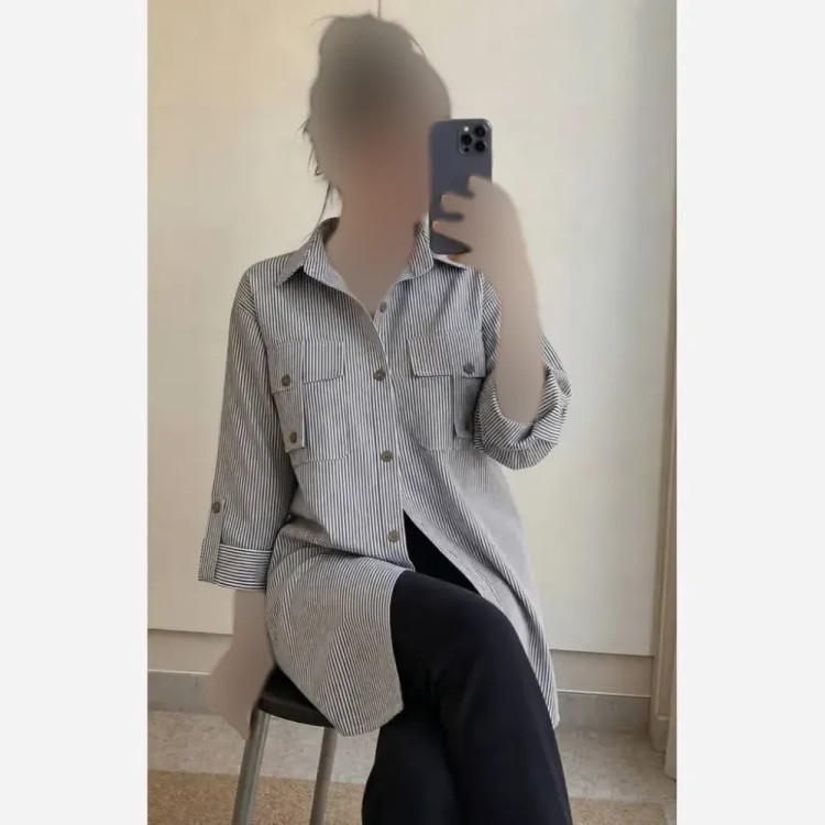 شومیز زنانه جیب صلیبی داکرون طوسی آبی سایز 36 تا 48