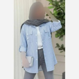 شومیز زنانه جیب صلیبی داکرون طوسی آبی سایز 36 تا 48