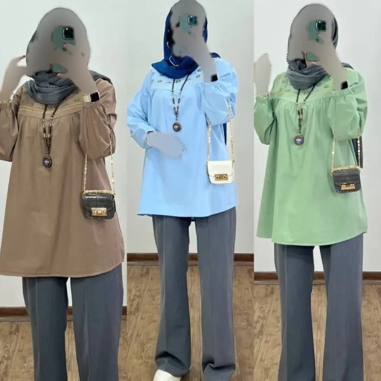 شومیز زنانه گلدوزی شده الیاف با کیفیت رنگ پسته ای فری سایز