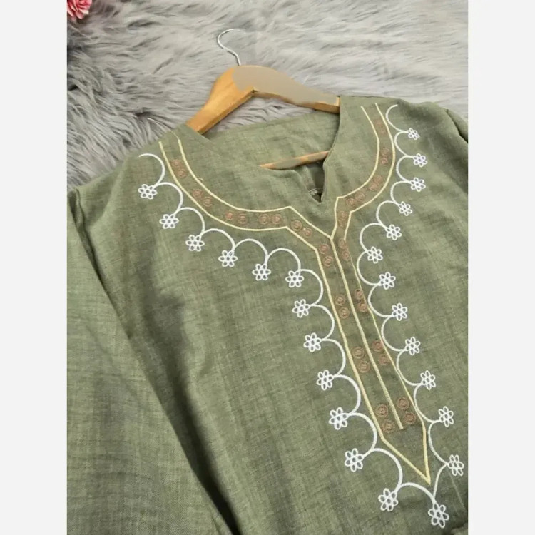 ست تونیک شلوار گلدوزی شده شانتون فری سایز نسکافه ای کرم خاکی سبز سدری
