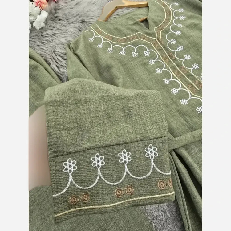ست تونیک شلوار گلدوزی شده شانتون فری سایز نسکافه ای کرم خاکی سبز سدری