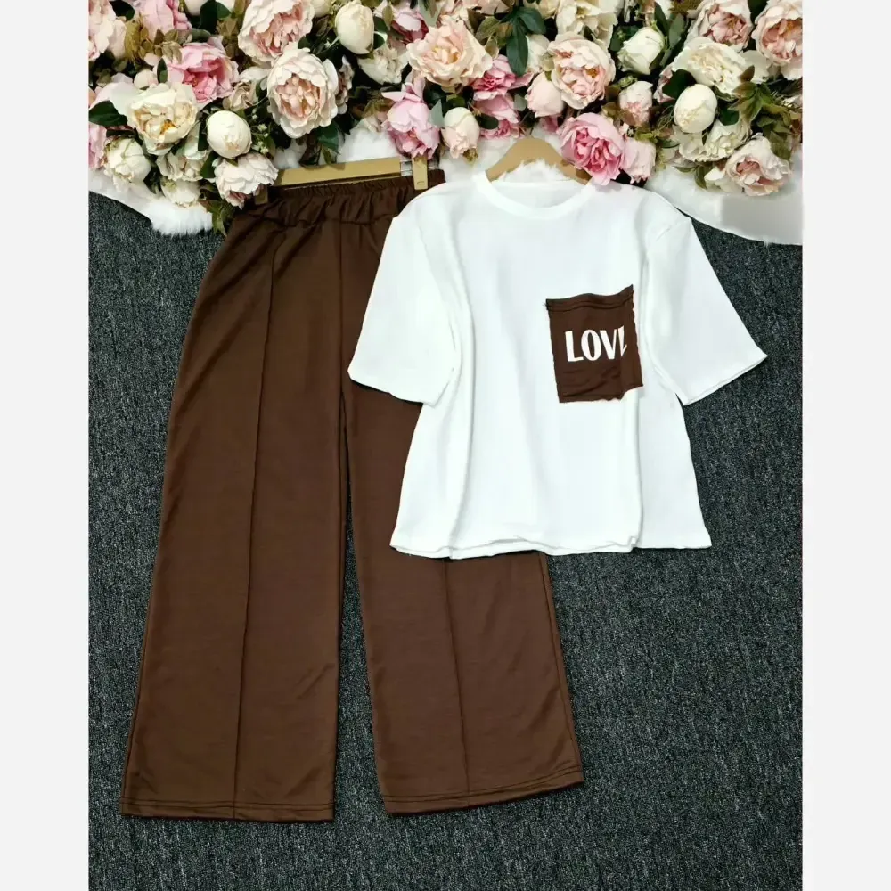 ست تیشرت شلوار زنانه طرح Love جنس گلکسی نخ پنبه رنگی سایز فری