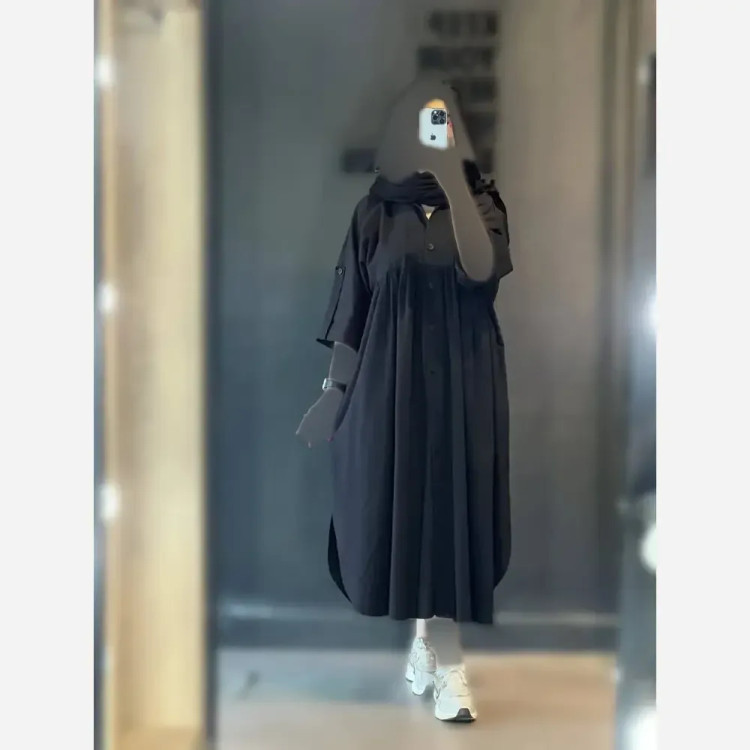 کفتان زنانه جلو دکمه آستین پاگون جنس لینن اعلا سایز 38 تا 46 فری رنگ بندی مشکی قهوه ای سرمه ای نسکافه ای