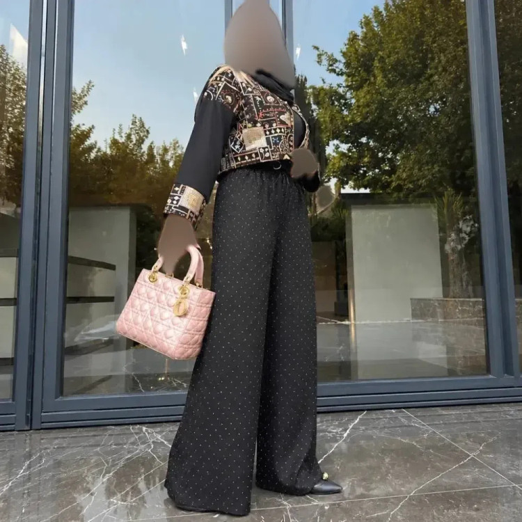 شلوار زنانه فول نگین جنس شانتون درجه یک رنگ مشکی فری سایز قد 100