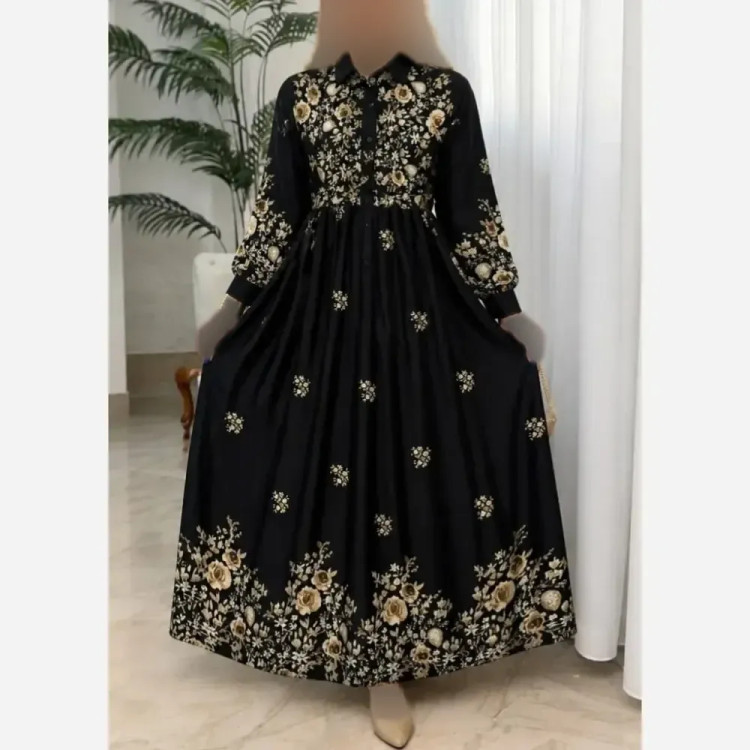 پیراهن زنانه بوگاتی زنبق فری سایز 38 تا 46 گل طلایی و گل صورتی