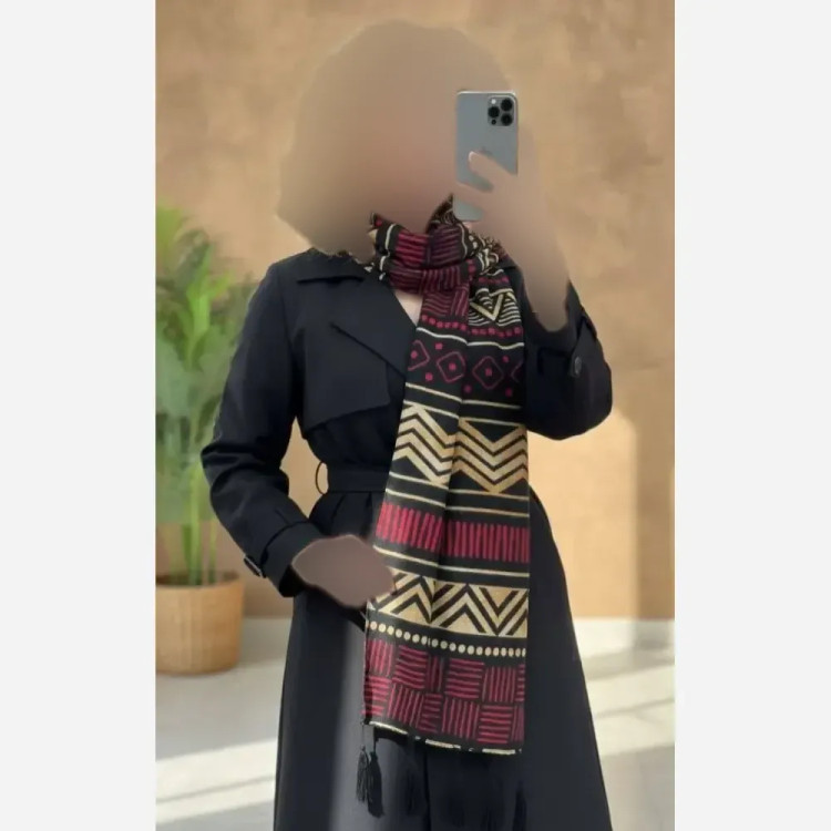شال مصری نخ سانسفور ابعاد 182*70 فری سایز رنگبندی سرمه، زرشکی، کرم نارنجی، طوسی نارنجی
