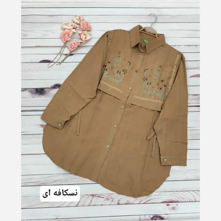شومیز مانتویی حوری طرح جلیقه جگوار کنفی اعلا وارداتی فری سایز تا 48 گلدوزی شده