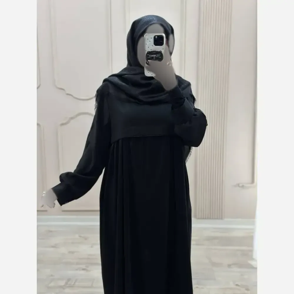 مانتو عبایی جیب دار مدل نفیسه کرپ ندا اماراتی مشکی سرمه ای سایز بندی کامل