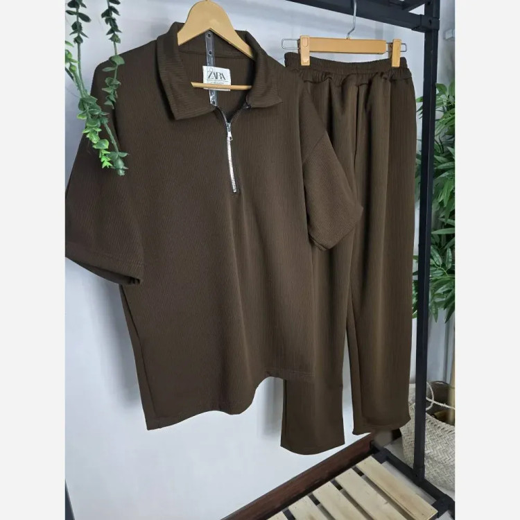 ست نیم زیپ اهورا فتیله ای درجه یک بهاره مردانه فری سایز رنگ مشکی شکلاتی کرم