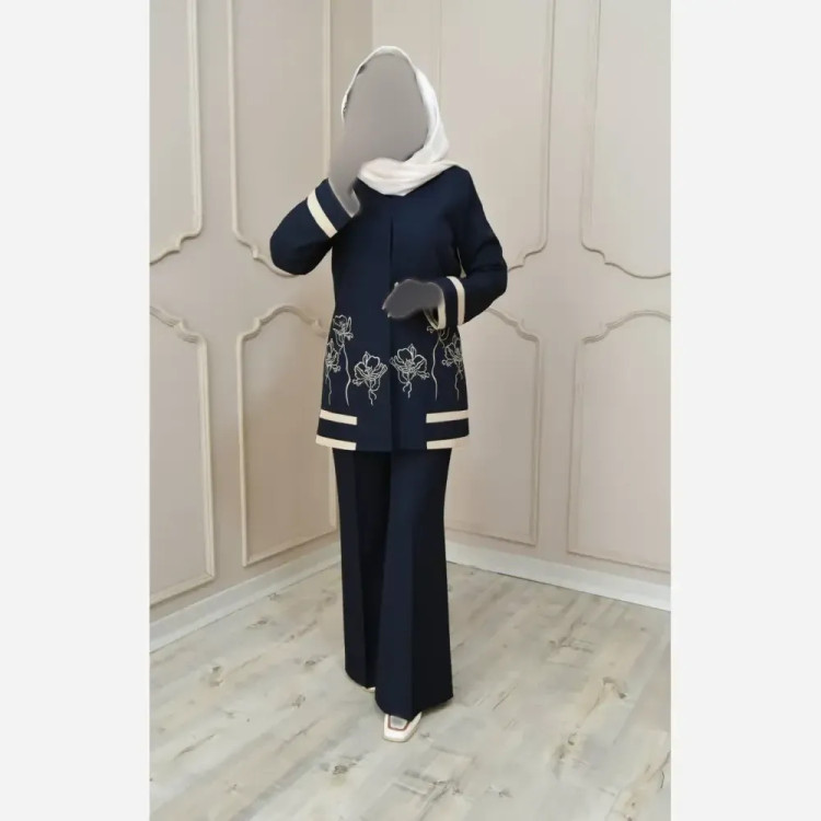 کت شلوار گلدوزی مدل رویا بزایاق اعلا زنانه در رنگبندی مشکی، سرمه ای، کرم، قهوه ای و سایزبندی 38 تا 50