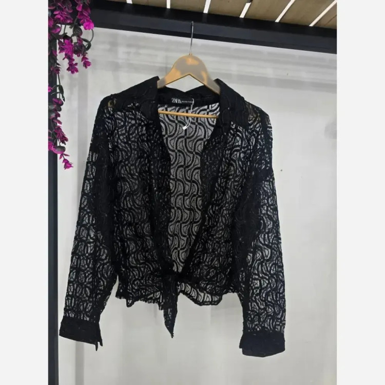 شومیز گره ای ماهلین دانتل گیپور مشکی خط طلایی فری سایز 36 تا 46