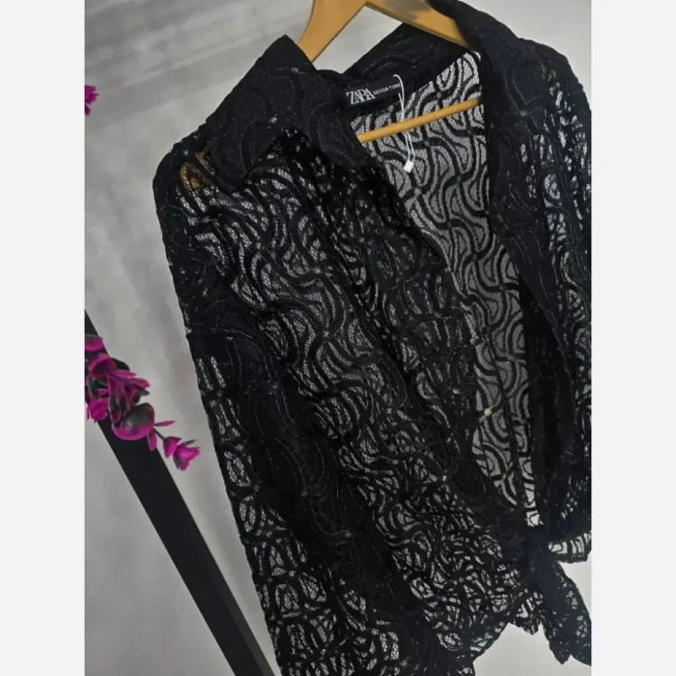 شومیز گره ای ماهلین دانتل گیپور مشکی خط طلایی فری سایز 36 تا 46