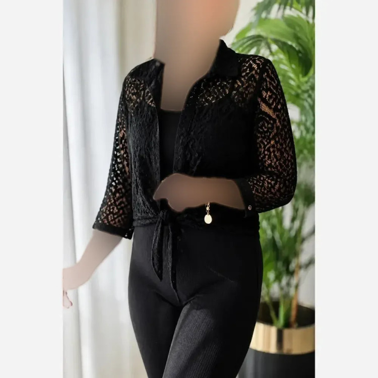ست دو تکه زیره و رویه گره ای إلسا جنس رویه تور دانتل و تیشرت ویسکوز فری سایز