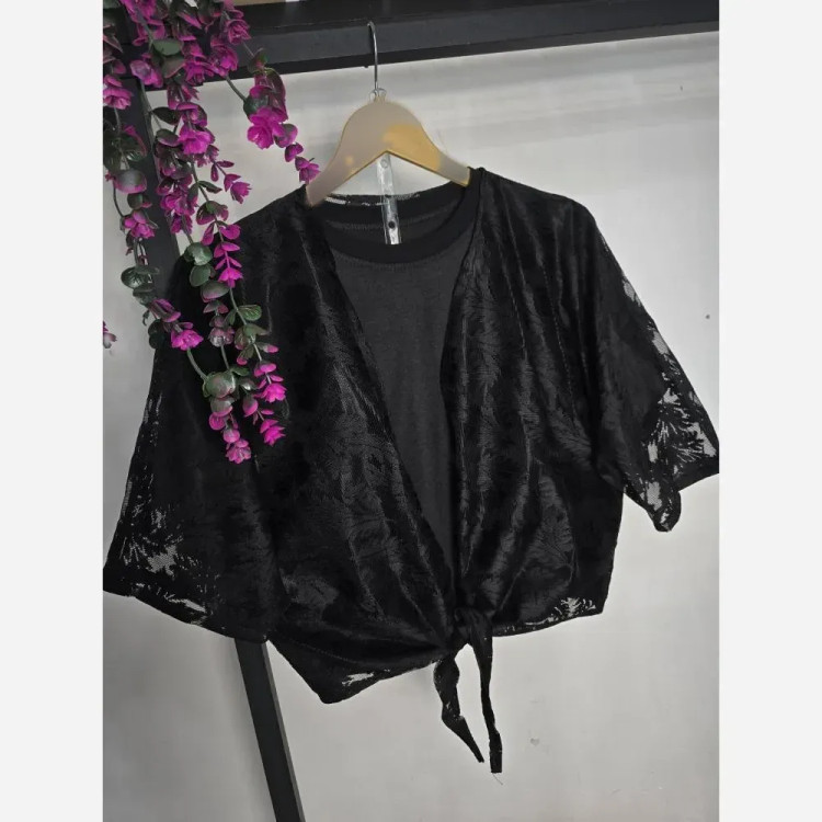 ست دو تکه زیره و رویه گره ای إلسا جنس رویه تور دانتل و تیشرت ویسکوز فری سایز
