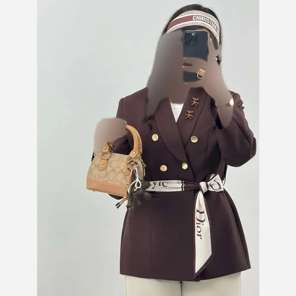 کت تک شاینی مازراتی زنانه با کمربند کرمی طوسی شکلاتی مشکی سایز یک دو