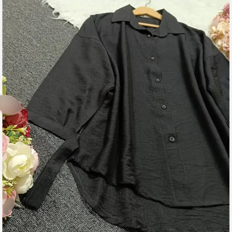 شومیز مانتویی مشکی جنس کرسپو درجه یک مچ گره ای سایز فری سایز 38 تا 48