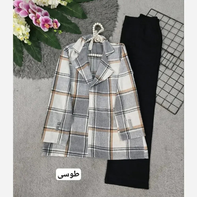 کت چهارخونه یقه انگلیسی پشمی موهر دار فری سایز