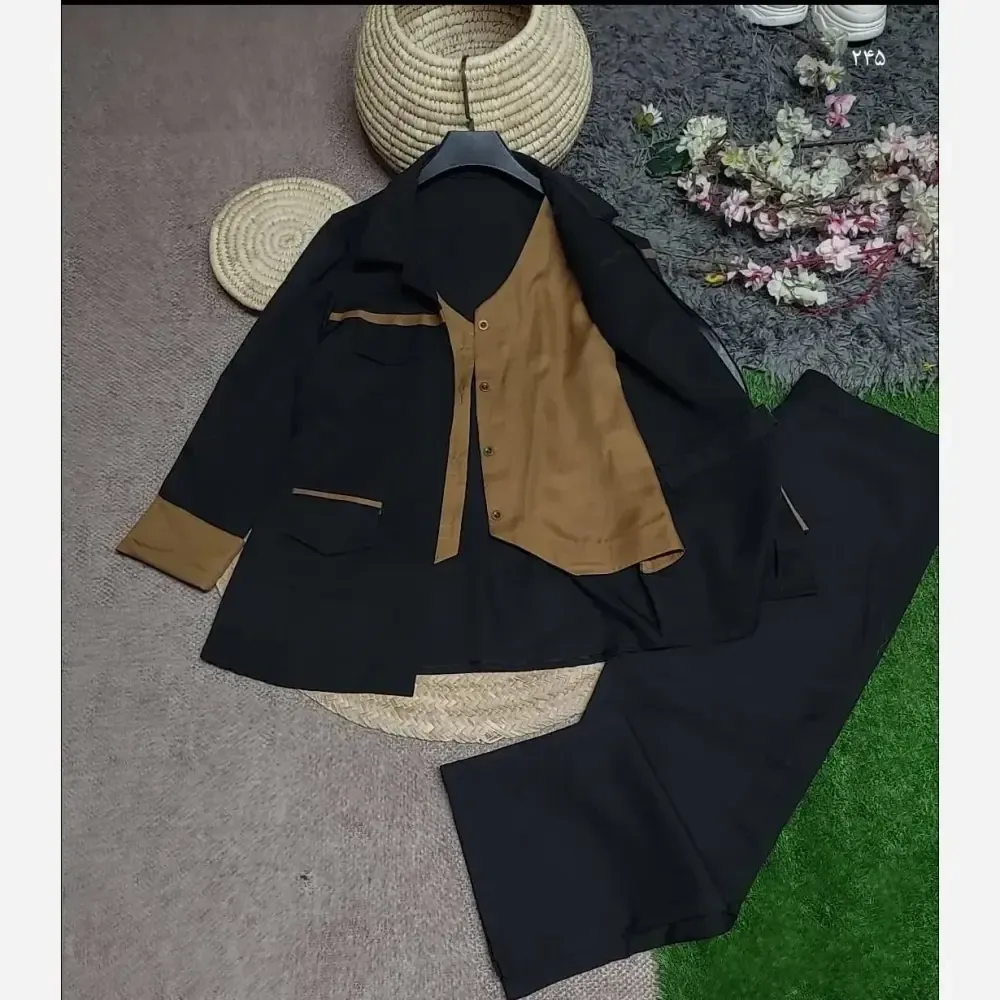 ست 2 تیکه پاییزه زنانه جنس سوپرمازراتی اعلا رنگ مشکی قهوه ای نسکافه ای سایز 38 تا 46 فری سایز