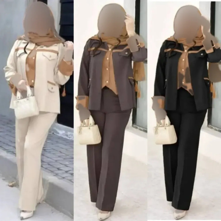 ست 2 تیکه پاییزه زنانه جنس سوپرمازراتی اعلا رنگ مشکی قهوه ای نسکافه ای سایز 38 تا 46 فری سایز