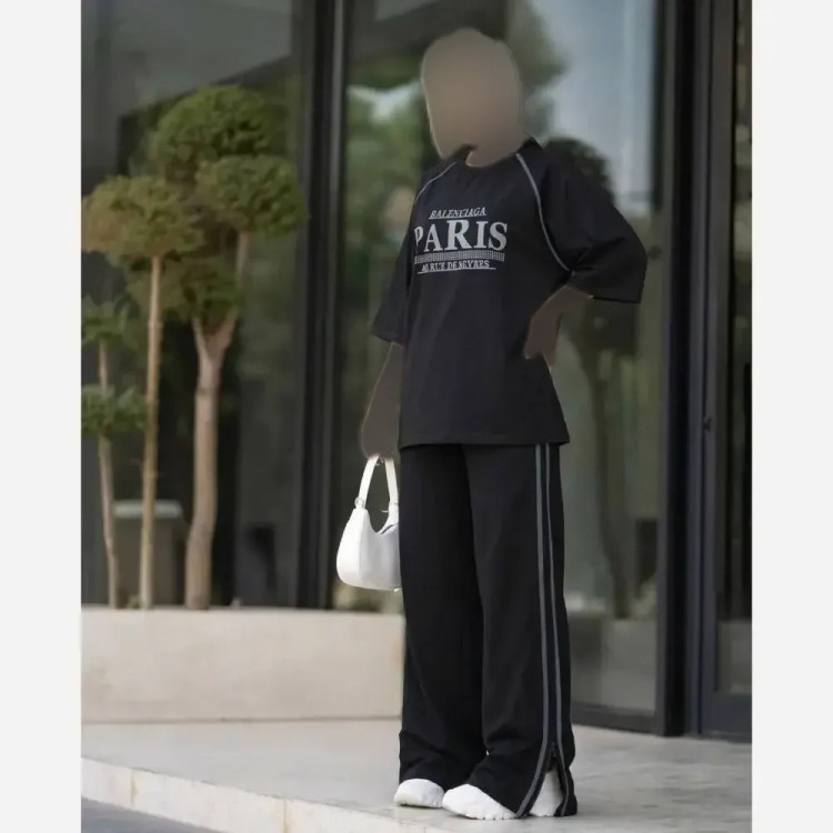 ست لباس زنانه مدل پاریس جنس شانتون کبریتی رنگ مشکی مناسب تابستان