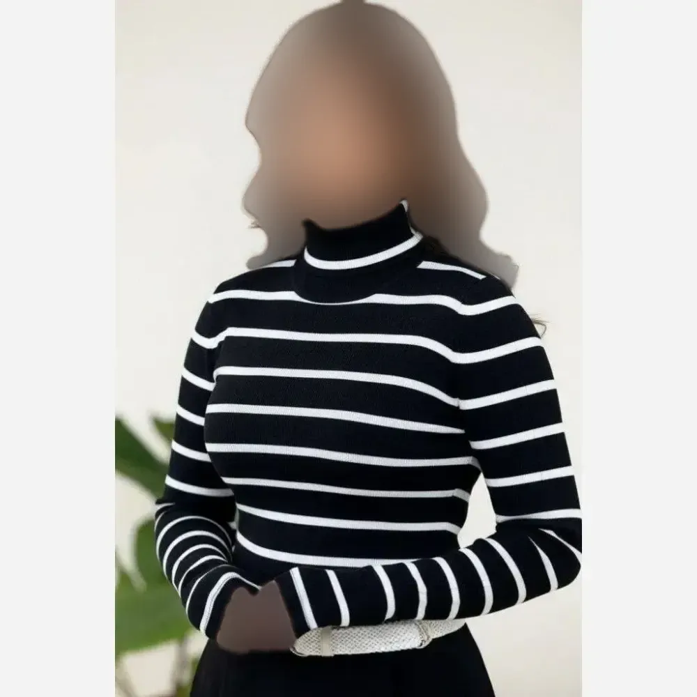 بادی فینگردار راه راه یقه اسکی فانریپ کش مشکی و سفید سایز فری 36 تا 44